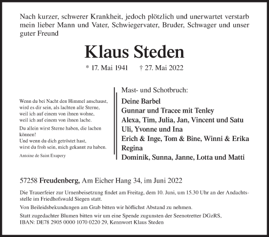Traueranzeige von Klaus Steden von Siegener Zeitung