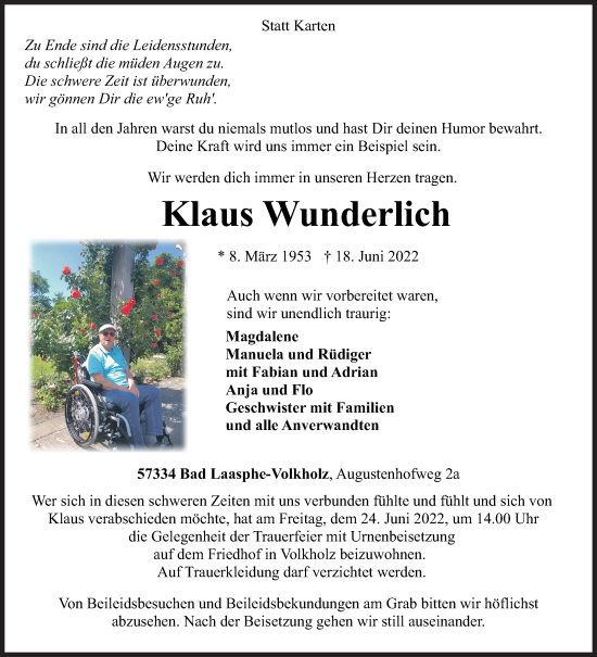 Traueranzeige von Klaus Wunderlich von Siegener Zeitung