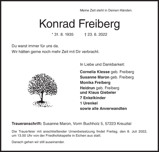 Traueranzeige von Konrad Freiberg von Siegener Zeitung