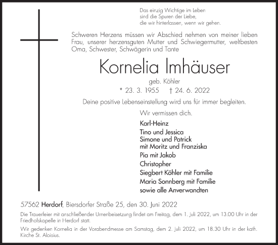 Traueranzeige von Kornelia Imhäuser von Siegener Zeitung