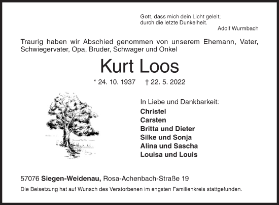 Traueranzeige von Kurt Loos von Siegener Zeitung