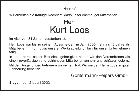 Traueranzeige von Kurt Loos von Siegener Zeitung