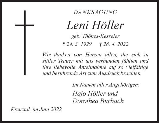 Traueranzeige von Leni Höller von Siegener Zeitung