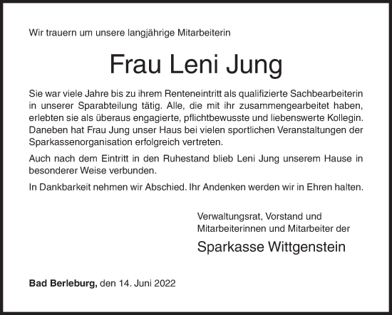 Traueranzeige von Leni Jung von Siegener Zeitung