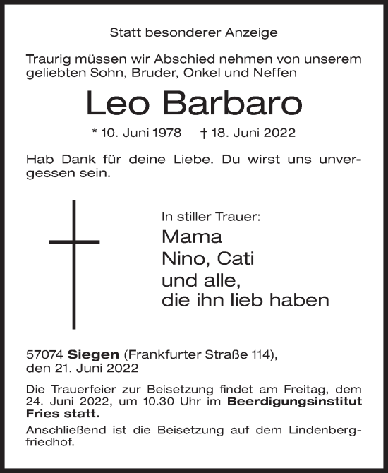 Traueranzeige von Leo Barbaro von Siegener Zeitung
