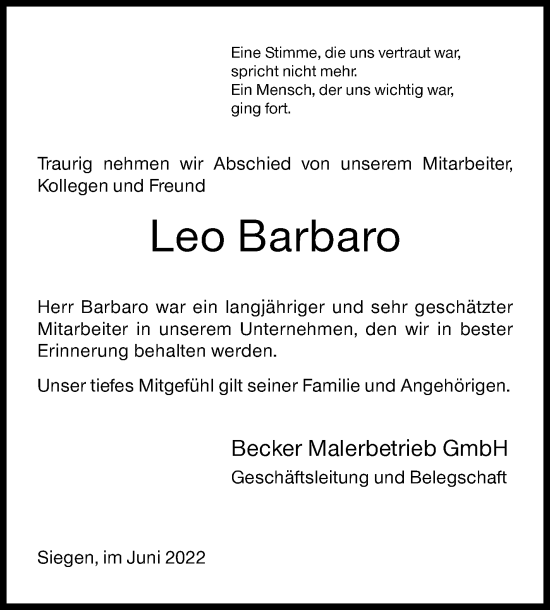 Traueranzeige von Leo Barbaro von Siegener Zeitung