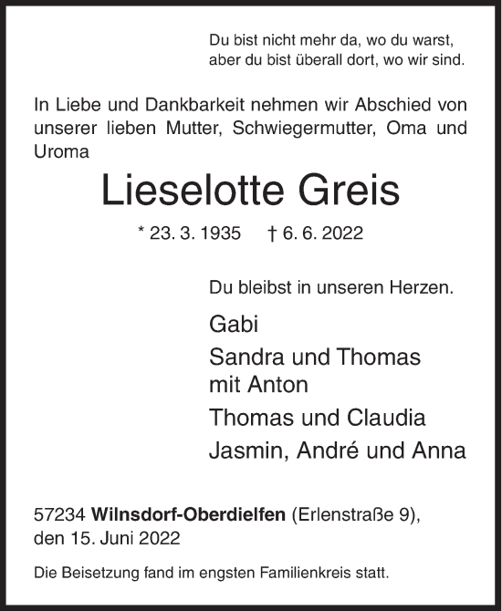 Traueranzeige von Lieselotte Greis von Siegener Zeitung