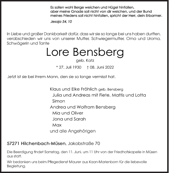 Traueranzeige von Lore Bensberg von Siegener Zeitung