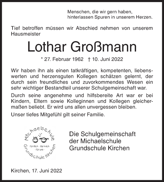 Traueranzeige von Lothar Großmann von Siegener Zeitung