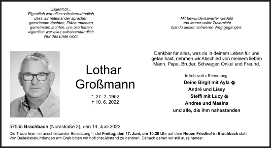 Traueranzeige von Lothar Großmann von Siegener Zeitung