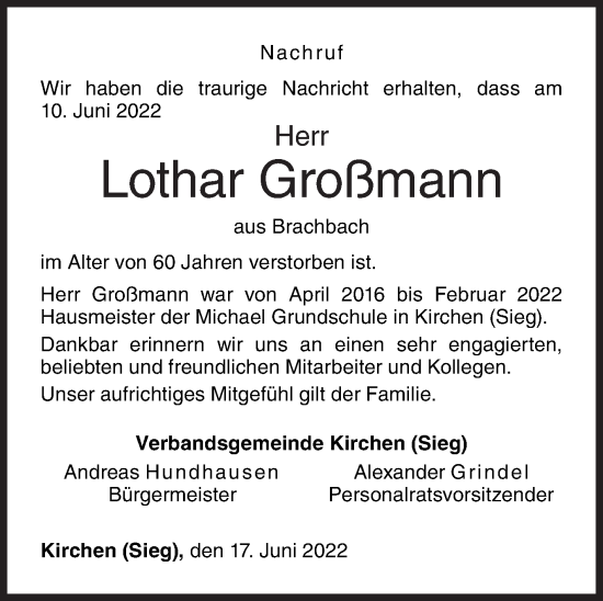 Traueranzeige von Lothar Großmann von Siegener Zeitung