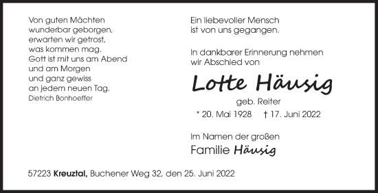 Traueranzeige von Lotte Häusig von Siegener Zeitung