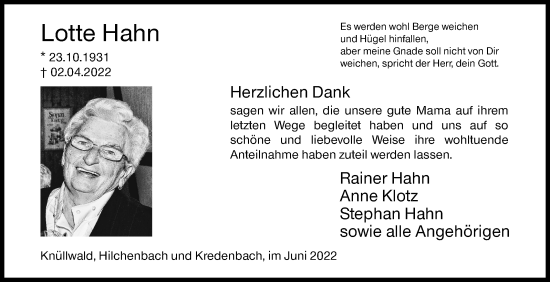 Traueranzeige von Lotte Hahn von Siegener Zeitung