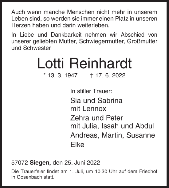Traueranzeige von Lotti Reinhardt von Siegener Zeitung
