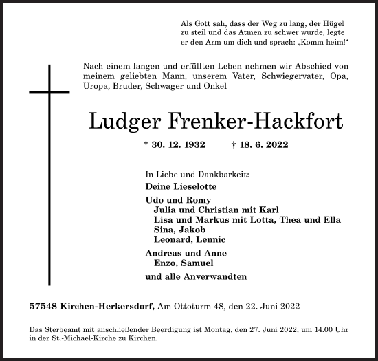 Traueranzeige von Ludger Frenker-Hackfort von Siegener Zeitung