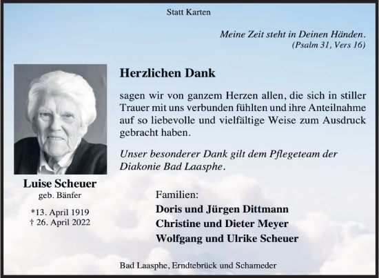 Traueranzeige von Luise Scheuer von Siegener Zeitung