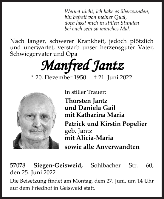 Traueranzeige von Manfred Jantz von Siegener Zeitung