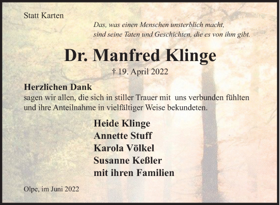 Traueranzeige von Manfred Klinge von Siegener Zeitung