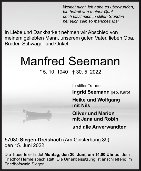 Traueranzeige von Manfred Seemann von Siegener Zeitung