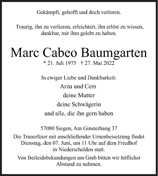 Traueranzeige von Marc Cabeo Baumgarten von Siegener Zeitung