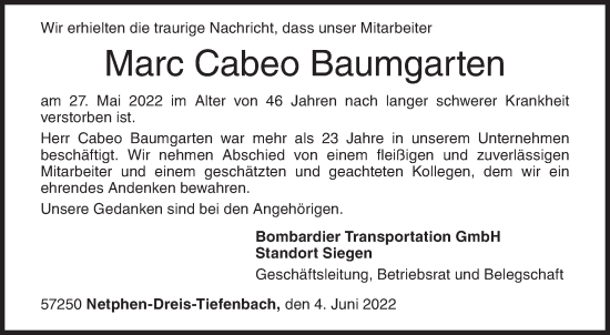 Traueranzeige von Marc Cabeo Baumgarten von Siegener Zeitung