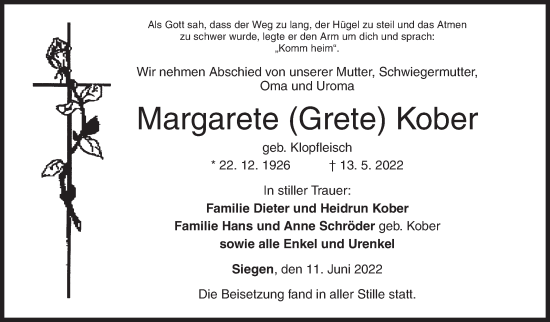 Traueranzeige von Margarete  Kober von Siegener Zeitung