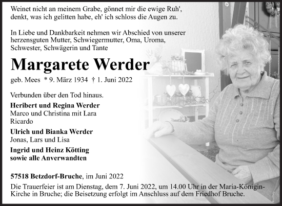 Traueranzeige von Margarete Werder von Siegener Zeitung