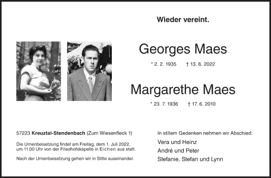 Traueranzeige von Margarethe Maes von Siegener Zeitung