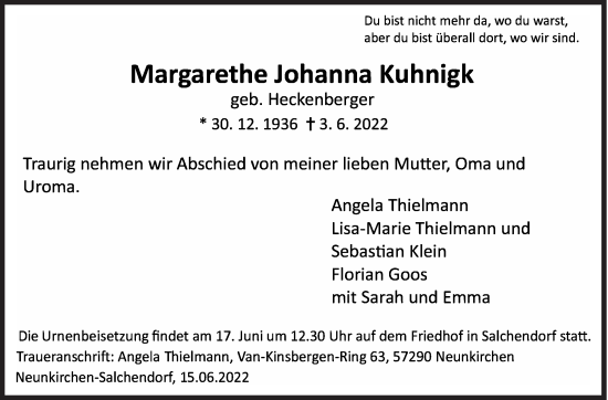 Traueranzeige von Margarethe Johanna Kuhnigk von Siegener Zeitung