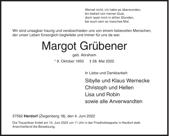 Traueranzeige von Margot Grübener von Siegener Zeitung