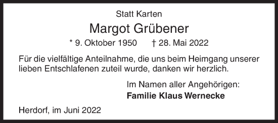 Traueranzeige von Margot Grübener von Siegener Zeitung