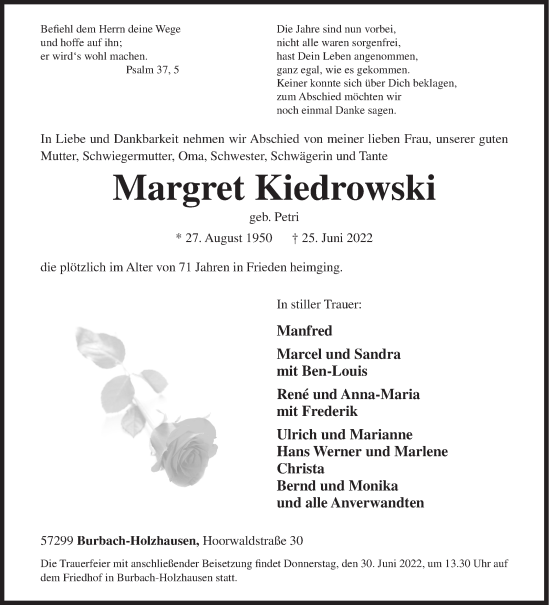 Traueranzeige von Margret Kiedrowski von Siegener Zeitung