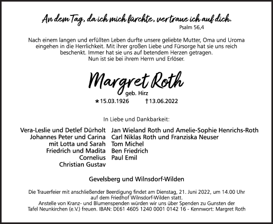 Traueranzeige von Margret Roth von Siegener Zeitung