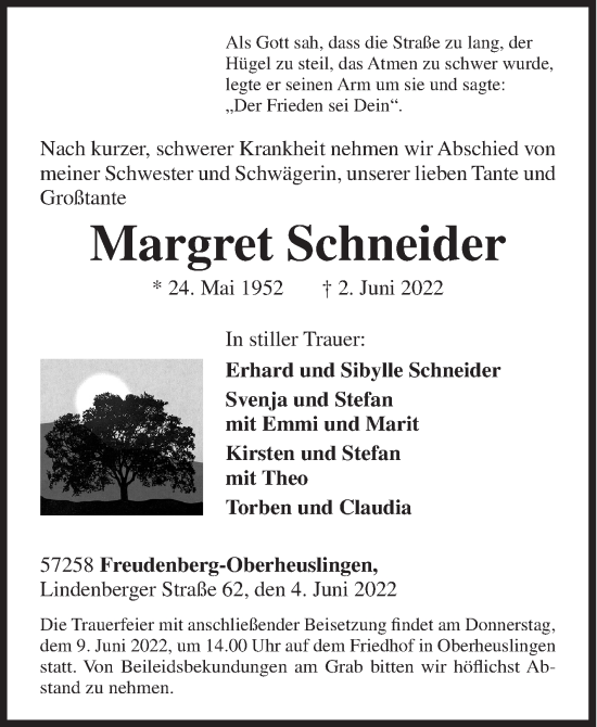 Traueranzeige von Margret Schneider von Siegener Zeitung