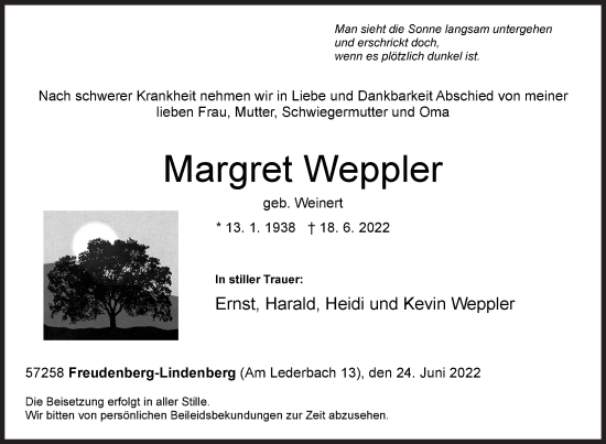 Traueranzeige von Margret Weppler von Siegener Zeitung