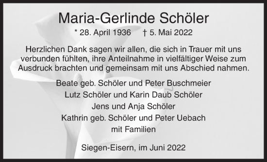 Traueranzeige von Maria-Gerlinde Schöler von Siegener Zeitung