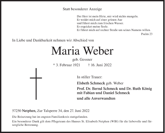 Traueranzeige von Maria Weber von Siegener Zeitung