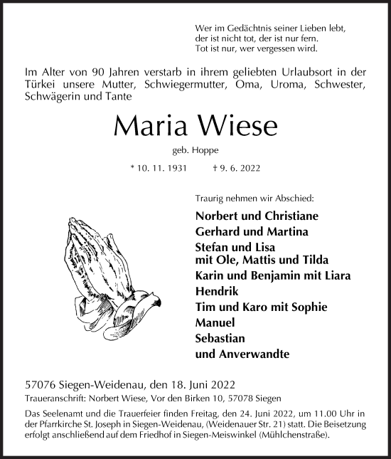 Traueranzeige von Maria Wiese von Siegener Zeitung