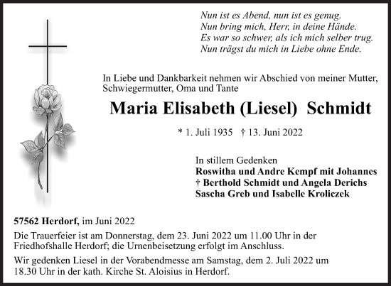 Traueranzeige von Maria Elisabeth  Schmidt von Siegener Zeitung