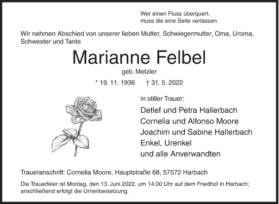 Traueranzeige von Marianne Felbel von Siegener Zeitung