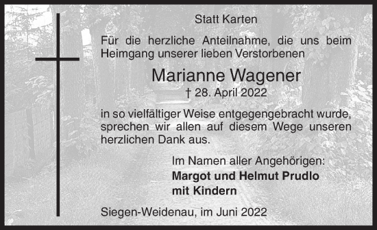 Traueranzeige von Marianne Wagener von Siegener Zeitung