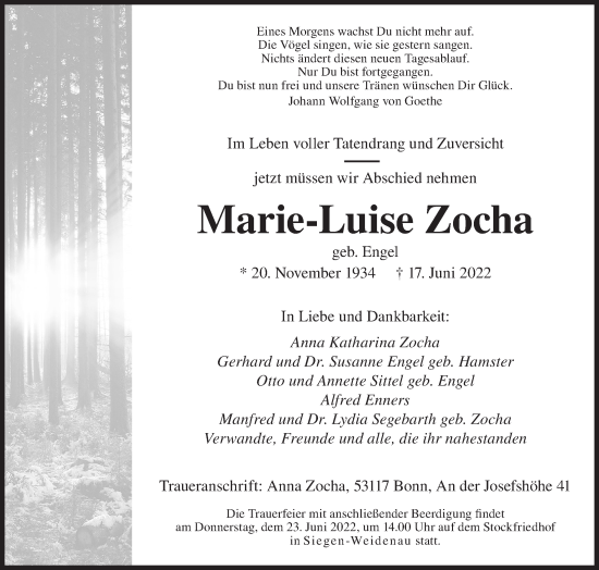 Traueranzeige von Marie-Luise Zocha von Siegener Zeitung