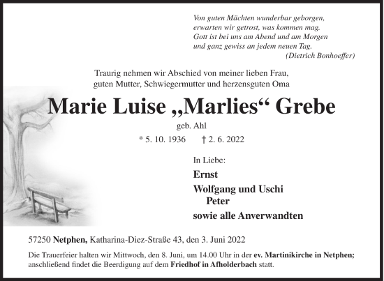 Traueranzeige von Marie Luise Grebe von Siegener Zeitung