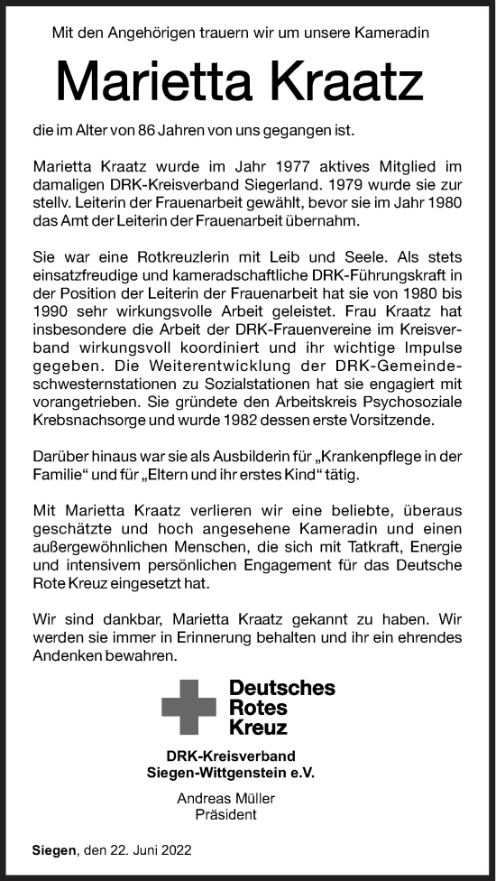 Traueranzeige von Marietta Kraatz von Siegener Zeitung