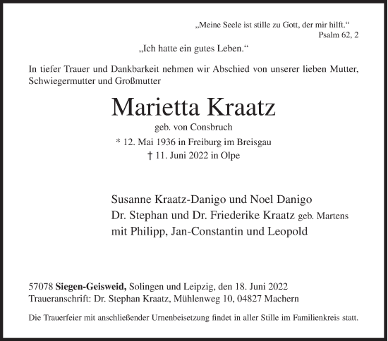 Traueranzeige von Marietta Kraatz von Siegener Zeitung