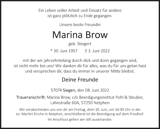 Traueranzeige von Marina Brow von Siegener Zeitung