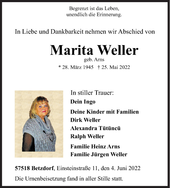 Traueranzeige von Marita Weller von Siegener Zeitung
