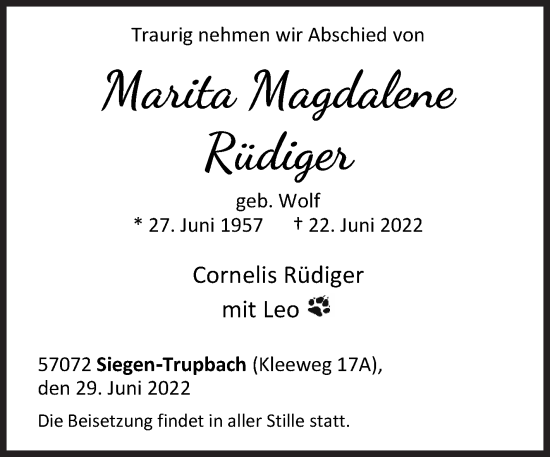 Traueranzeige von Marita Magdalene Rüdiger von Siegener Zeitung