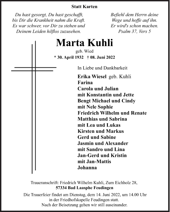 Traueranzeige von Marta Kuhli von Siegener Zeitung