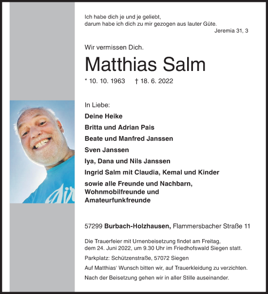 Traueranzeige von Matthias Salm von Siegener Zeitung